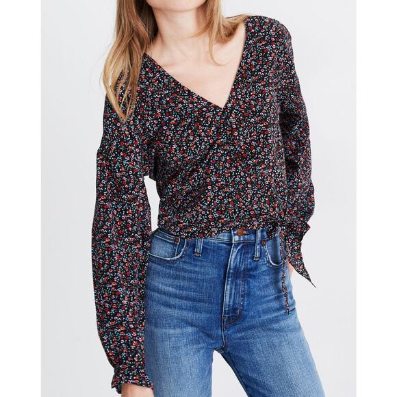 Madewell Floral Silk Long-Sleeve Wrap Top sz XS - Picture 1 of 6